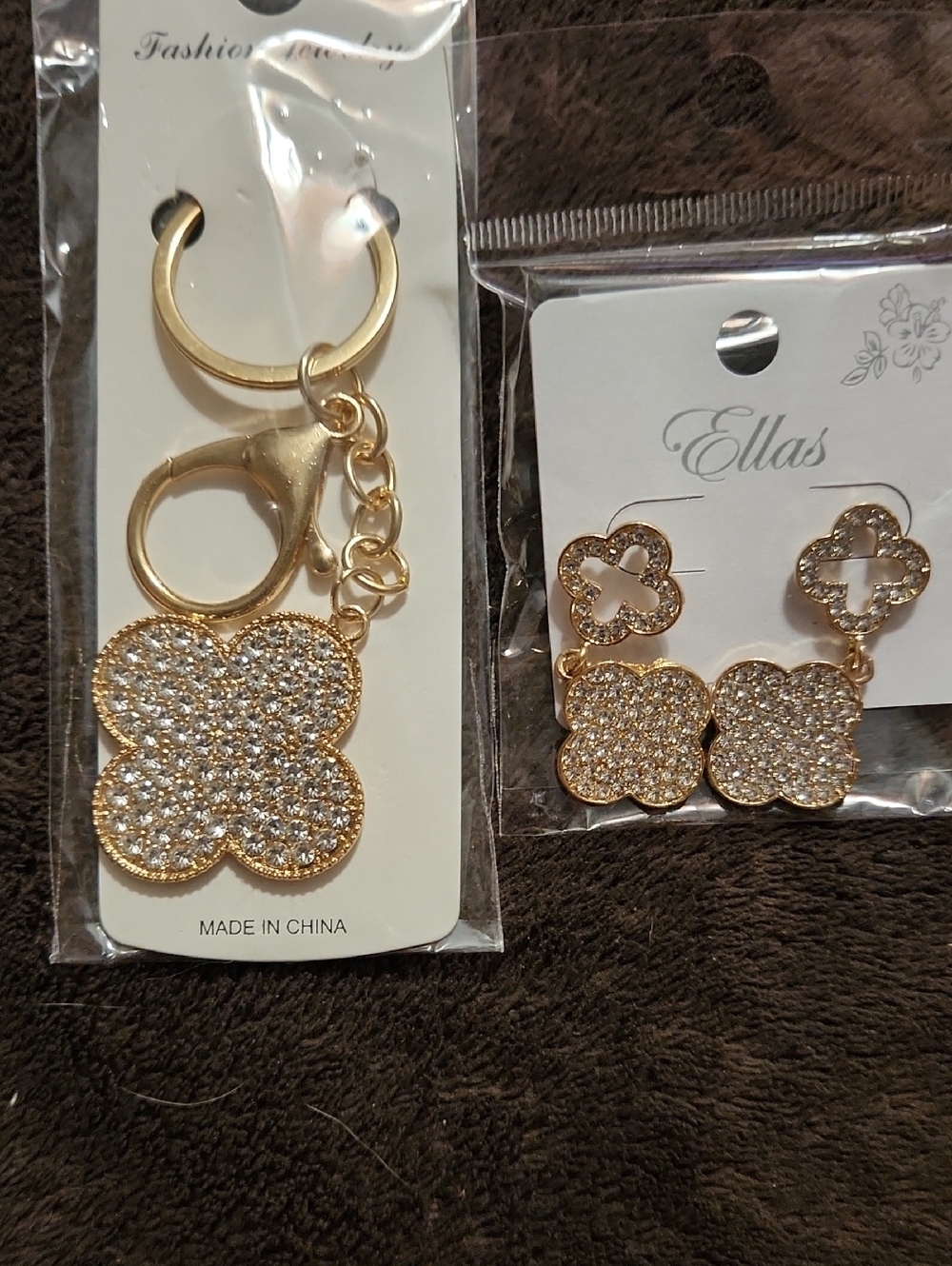 Ellas Gold Crystal Pavé Clover Keychain and Matching Drop Earrings Set